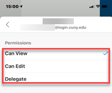 Then select a permission from the options: one, can view two, can edit three, delegate