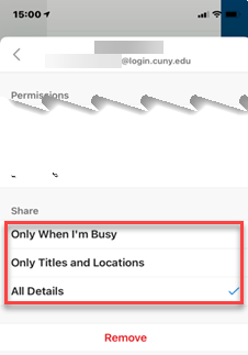 Select a share option:        a. “Only When I’m Busy”      b. “Only Titles and Locations”      c. “All Details”