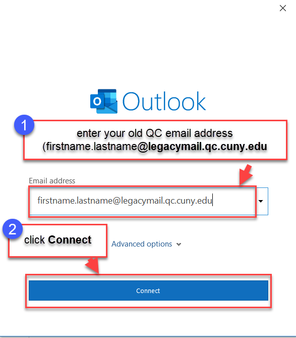 Enter your old QC email address (firstname.lastname@legacymail.qc.cuny.edu), then click Connect