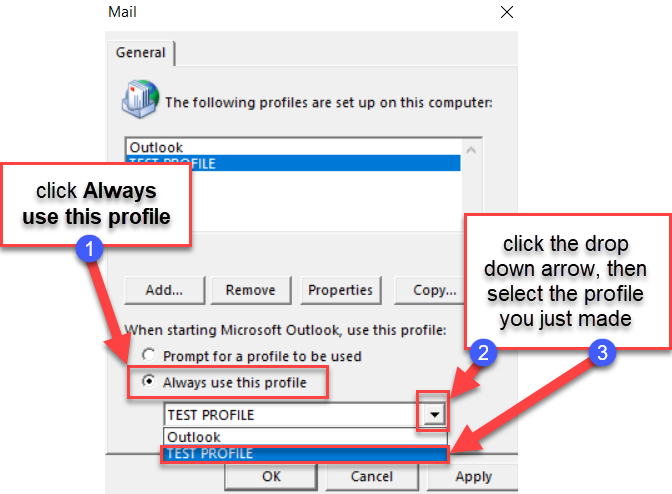 Click Always use the profile then click the drop down arrow and select the profile you just made