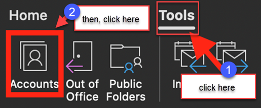 Click on Tools and then Accounts in the Ribbon