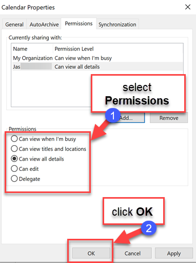 Set the Permissions (permission details below) that you want to grant and click OK