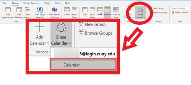 Click on Share Calendar from the Ribbon, then select Calendar from the account you would like to share