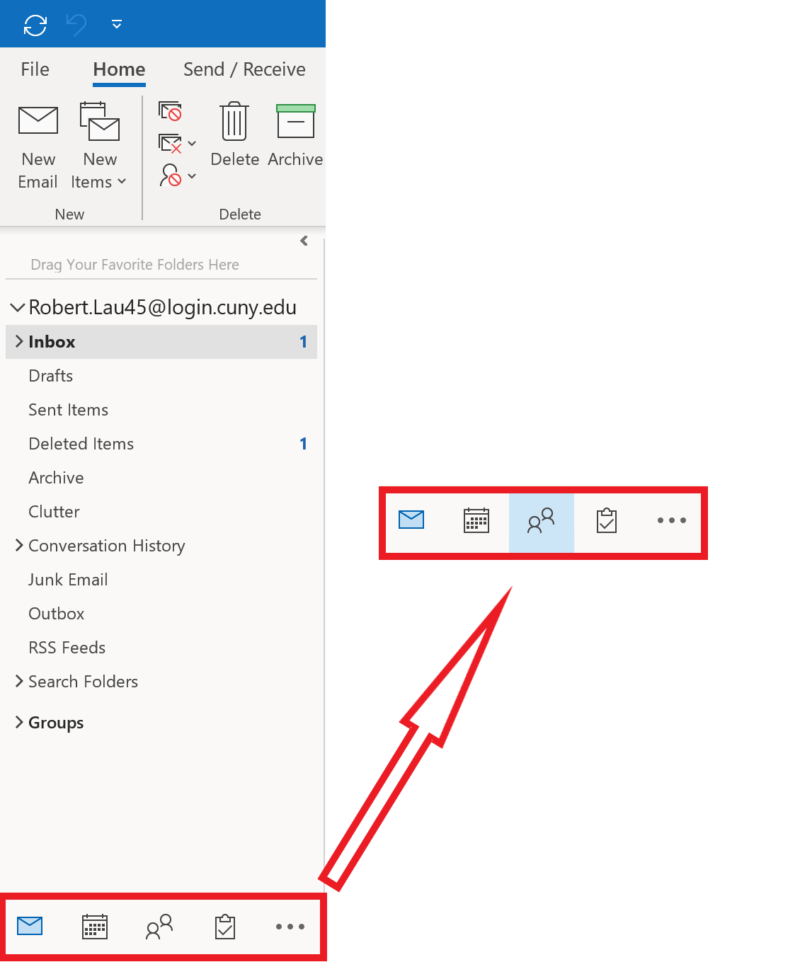 Click on the  contact icon (third from the left), located at the bottom left of your Outlook client, to access Contacts