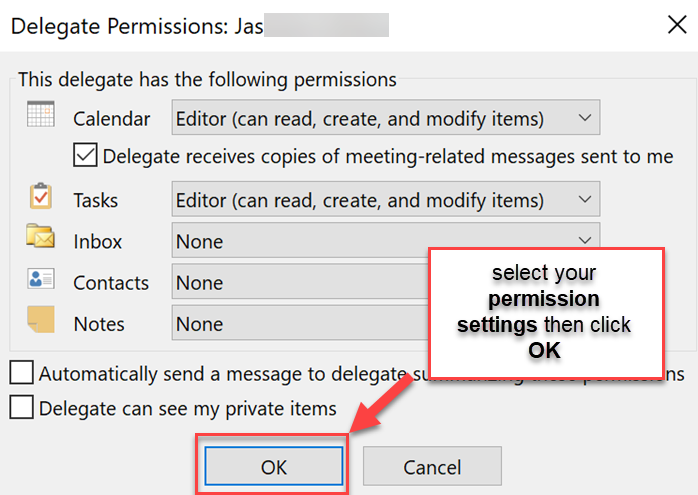 In the Delegate Permissions dialog box, accept the default permission settings or select custom access levels for Exchange folders (permission details below), then click OK