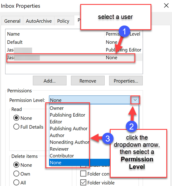 In Permissions, highlight user > set permissions (choose the level of permissions from the menu or set manually) [permission level details below]