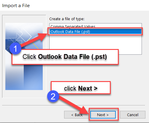 Click on Outlook Data File (.pst), then click Next >