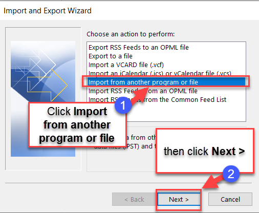 Click on Import from another program of file, then click on Next >