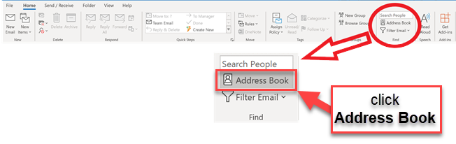 From the Outlook Ribbon, click on the Address Book option