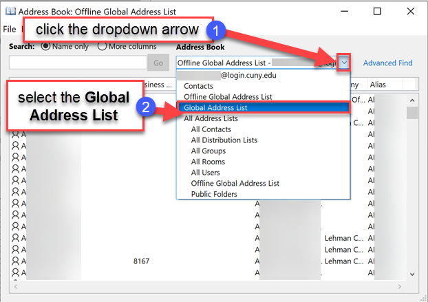 When Address Book window opens, you can search the Global Address list. Click on the drop-down menu under Address Book and Select Global Address List