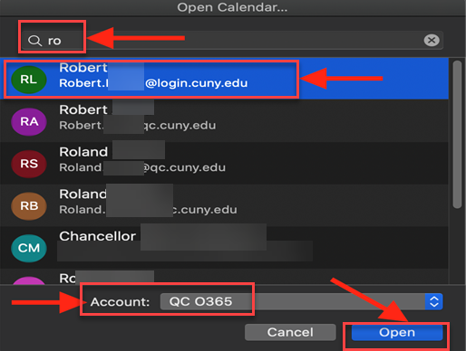 type a name to search for the user and select that person.  Make sure the Account is the Office 365 and click Open:
