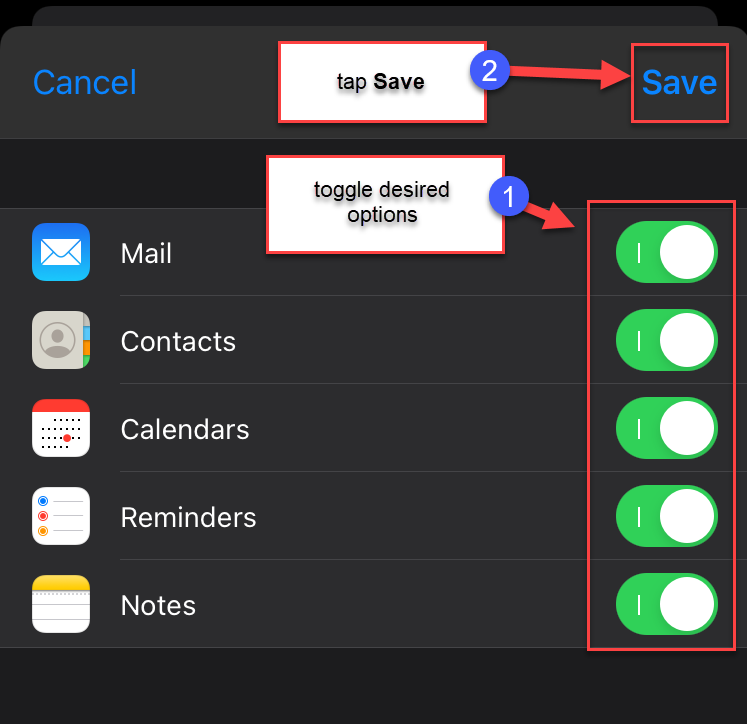 Toggle the options you wish to have on your Mail app, then tap Save