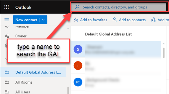 After selecting the “Default Global Address List,” go to the “Search...” box and search for a contact, directory or group.