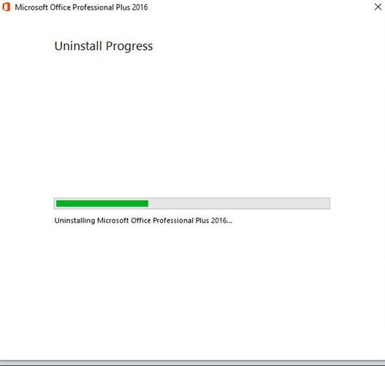 Follow the on-screen instructions and the uninstaller will begin to remove Office and will display a progress bar similar to one below