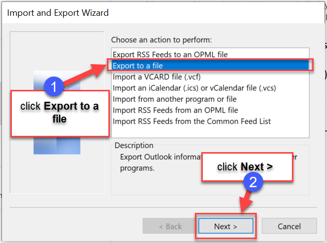Click to select Export to a file, then click Next >