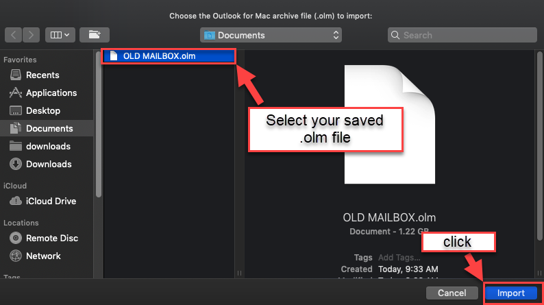 Locate the .olm file on your Mac, and then choose Import.
