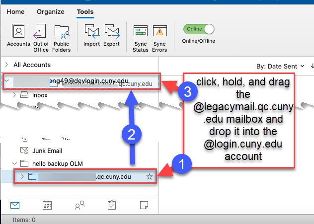 Click, hold, and drag the @legacymail.qc.cuny.edu mailbox and drop it into the @login.cuny.edu account