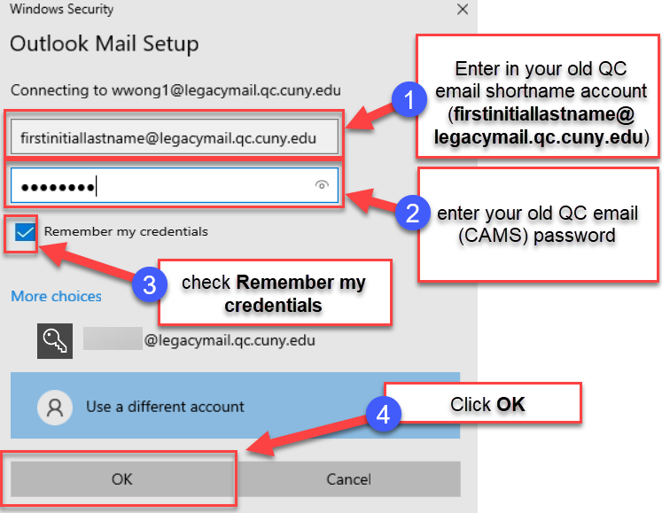 Enter in your old QC email shortname account (firstinitiallastname@legacymail.qc.cuny.edu) in the username field, enter your old QC email password in the next field, check Remember my credentials, then click OK