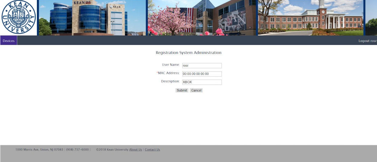 An example of the Registration form when clicking "Add." Has three textboxes for User Name, MAC Address, and Description. 