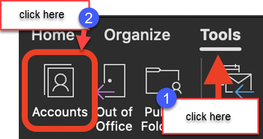 Click on Tools in the Ribbon and click on Accounts:
