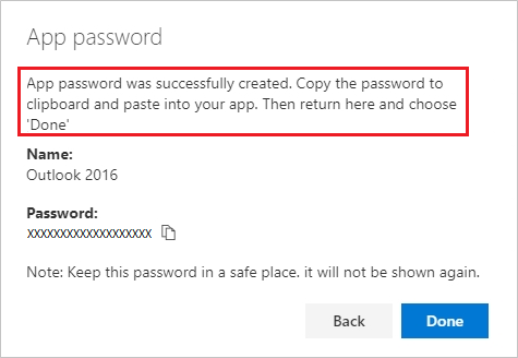 App password page with the new app password you created