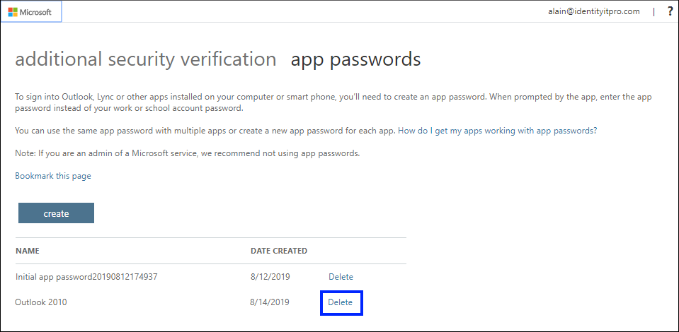 Screenshot that shows deleting an app password on the App passwords page