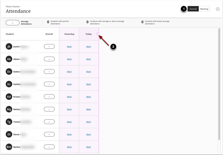 Image of the attendance tool in Blackboard with the following items: 1.Click on the Overall Toggle2.Hover your mouse between columns and click on the + button to add an attendance column.