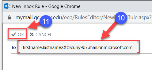 8. Add your CUNYfirst Username (firstname.lastnameXX where XX are the last two digits of your EMPLID) followed by @cuny907.mail.onmicrosoft.com, then click OK