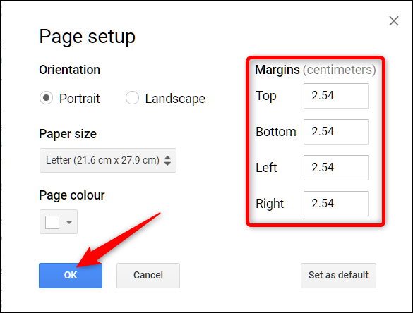 From the Page Setup menu, choose the margin's white space size, then click OK