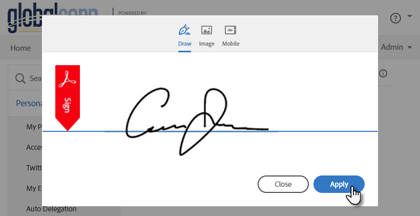 View of the Signature panel with the Draw option highlighted