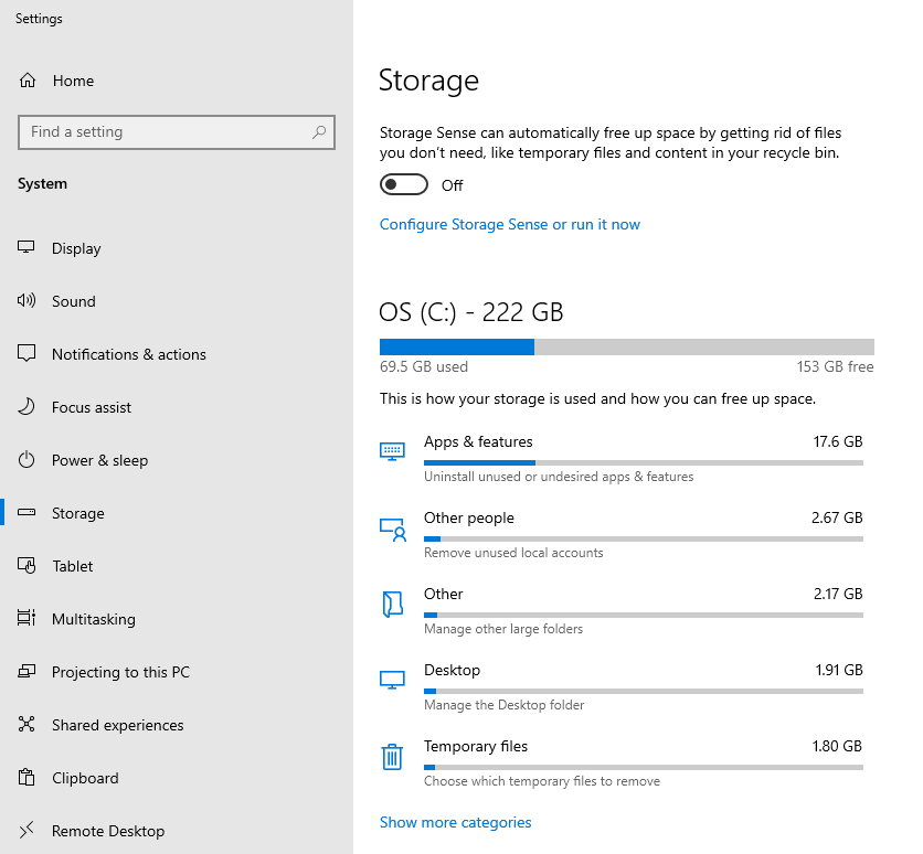 A screenshot of the Storage tab in the Windows 10 System Settings