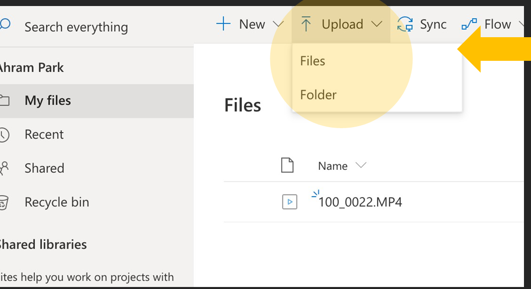Screenshot showing the upload dropdown and files selection