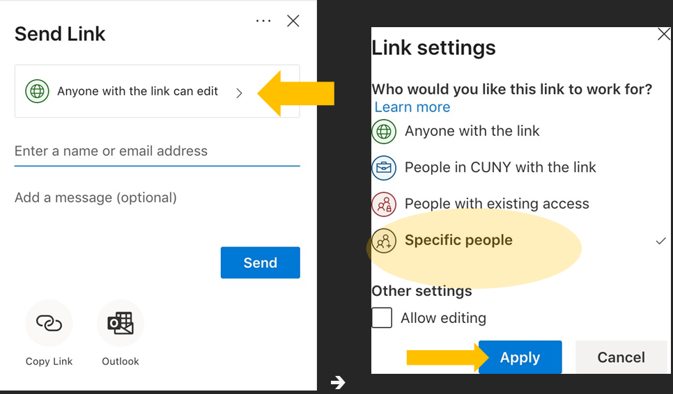 Screenshot showing the sharing dropdown and Link settings options