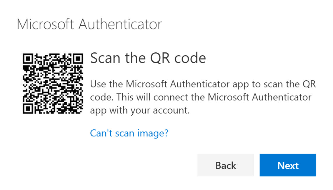 Use the Microsoft Authenticator app to scan the Q R Code to connect the Authenticator app with your work or school account