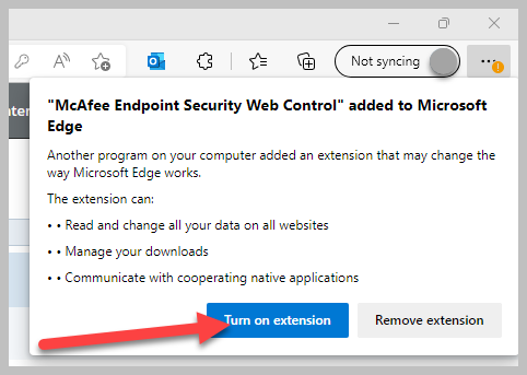 computer image of mcafee endpoint popup and turn on extension button