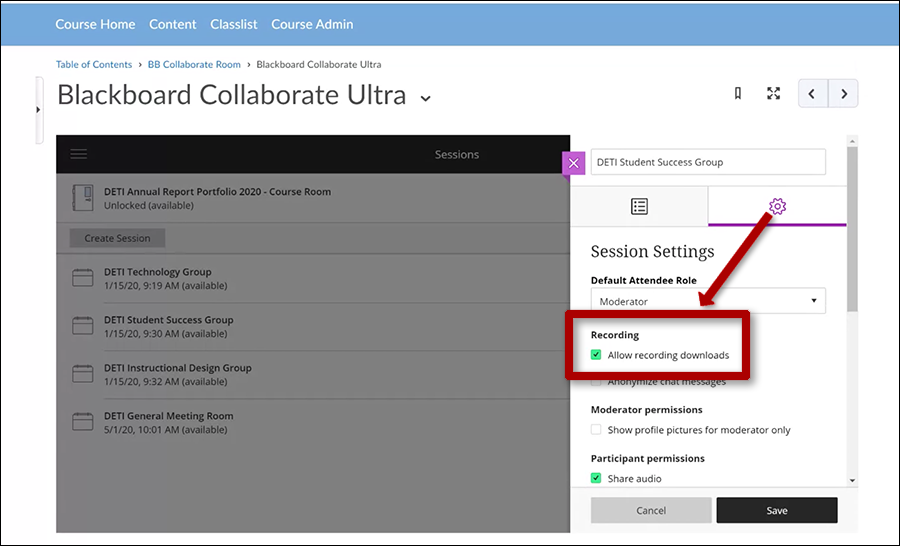 Collaborate module Session Settings opens with access to recording downloads checkbox