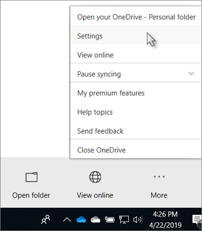 Screenshot of getting to OneDrive Settings