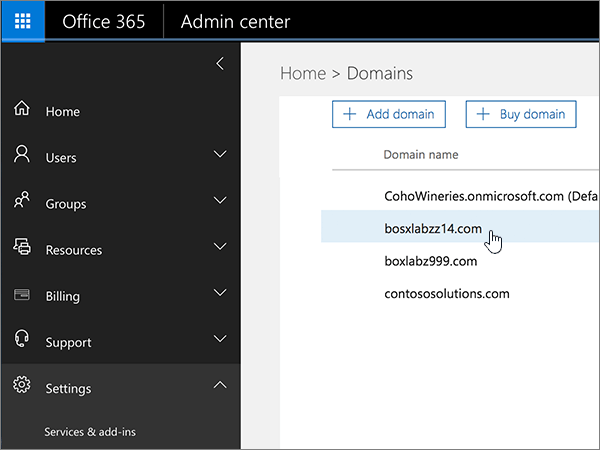 Nome de domínio selecionado no centro de administração do Microsoft 365
