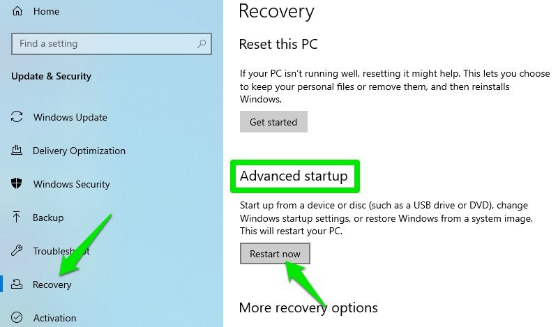Recovery options Restart now