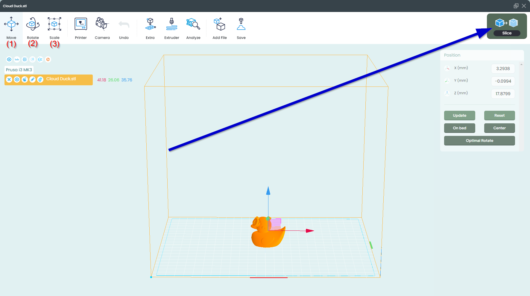 3DPrinterOS STL Layout editor window. A (1) is located under the Move button. A (2) is under the Rotate button. A (3) is under the Scale button. A blue arrow points to the Slice Button