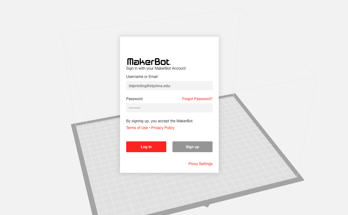 A screenshot of the MakerBot Print application prompting user to login with their MakerBot account.