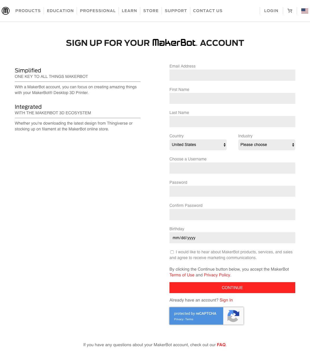 MakerBot Print Account Sign-up Page