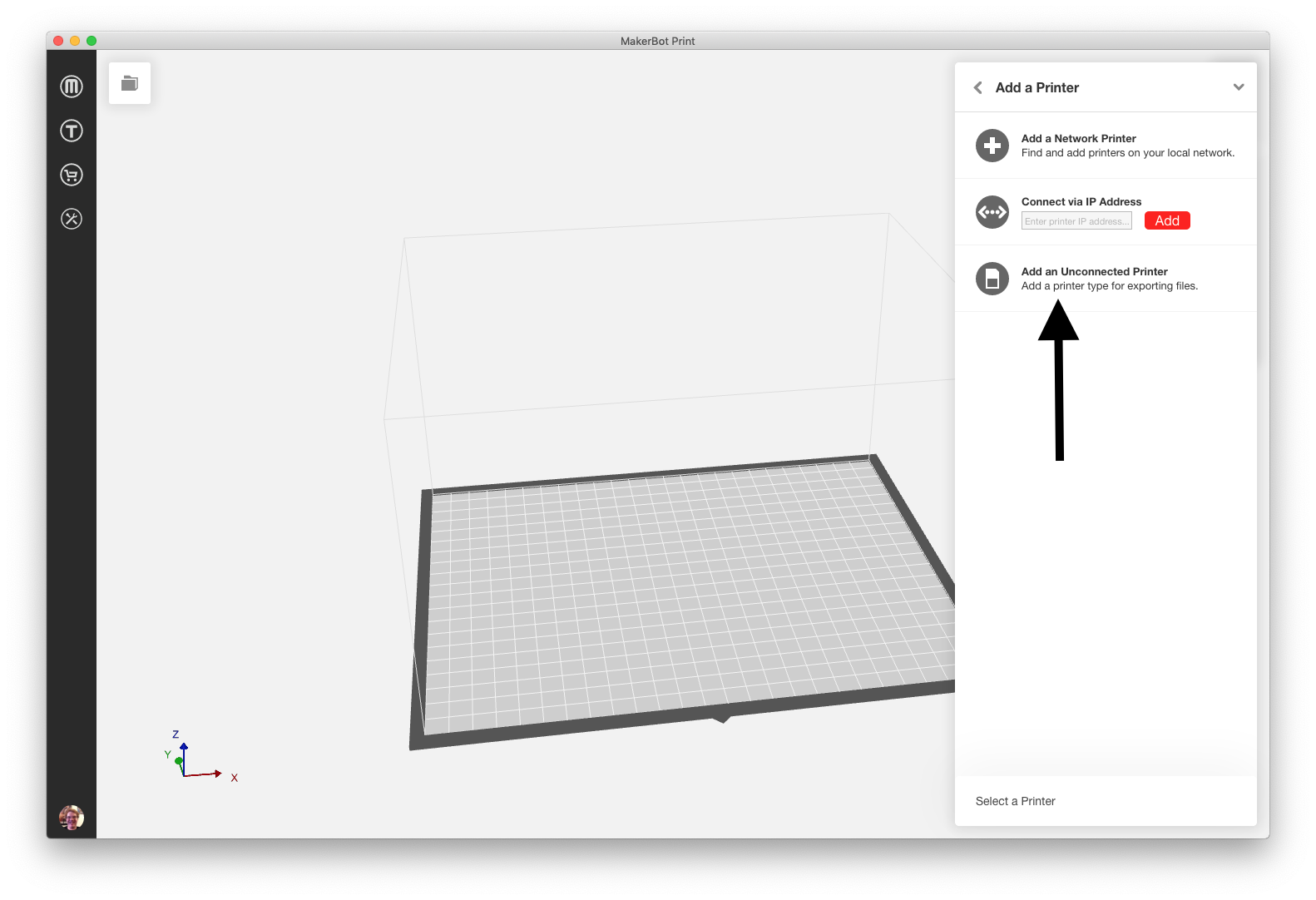 Screenshot of the MakerBot Print Application with an arrow poitning to the option "Add an Unconnected Printer"