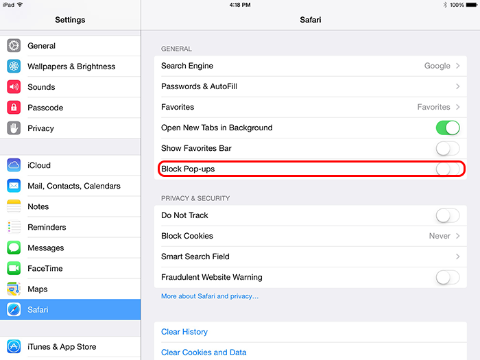 iOS Safari Settings - Tap Block Pop-ups