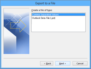 Outlook Export Wizard - Choose CSV file