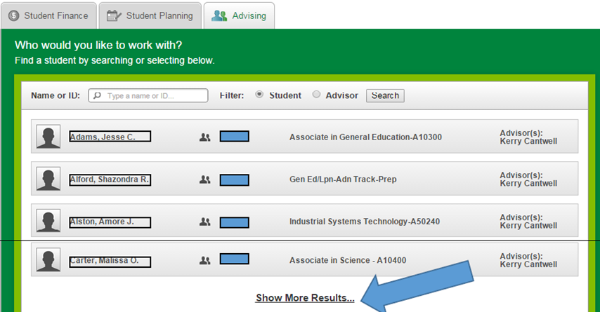 Title: Advising menu list of students - Description: A screen shot showing a list of students in the advising menu
