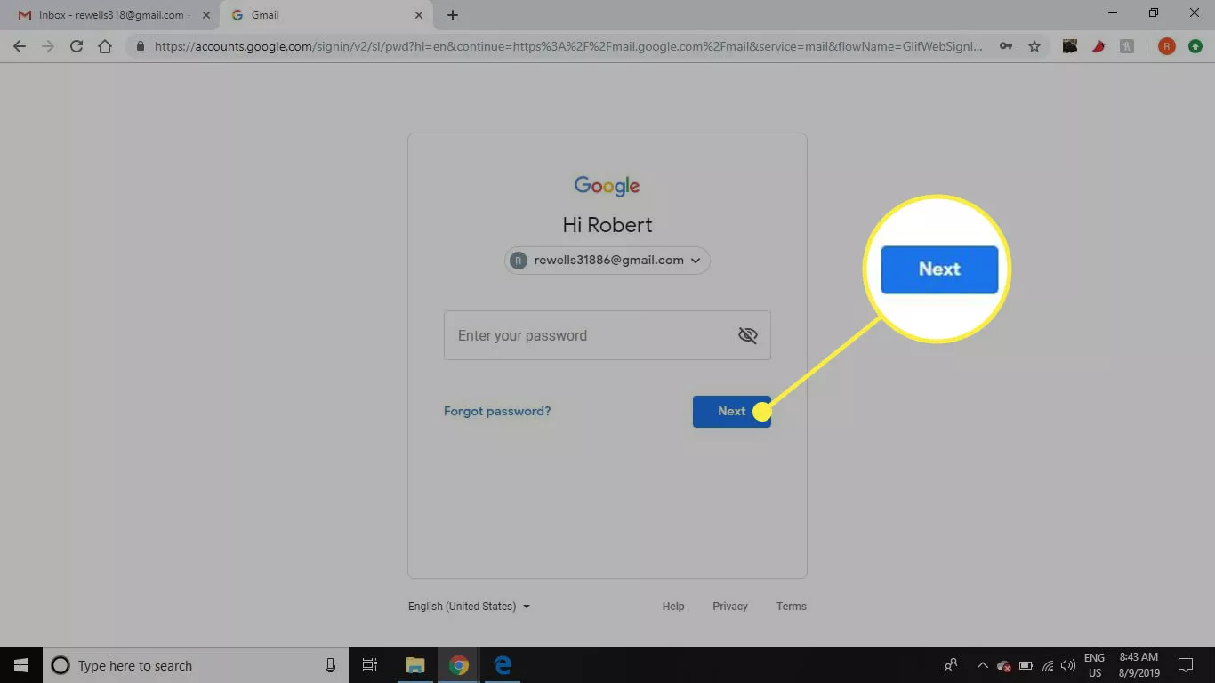 The Google sign-in screen with the Next button highlighted