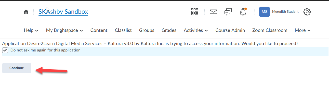 Kaltura application access prompt checkbox 