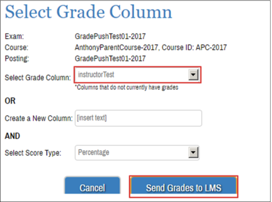 The 'select grade column' field is highlighted to show the name of the grade column to be imported into canvas