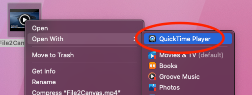 Quicktime player option to open video by right clicking 